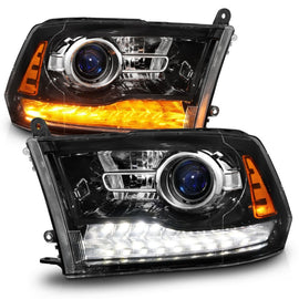 ANZO 09-18 Dodge 1500-3500 LED Plank Style Headlights w/Switchback+Sequential Hyper Black (OE Style)