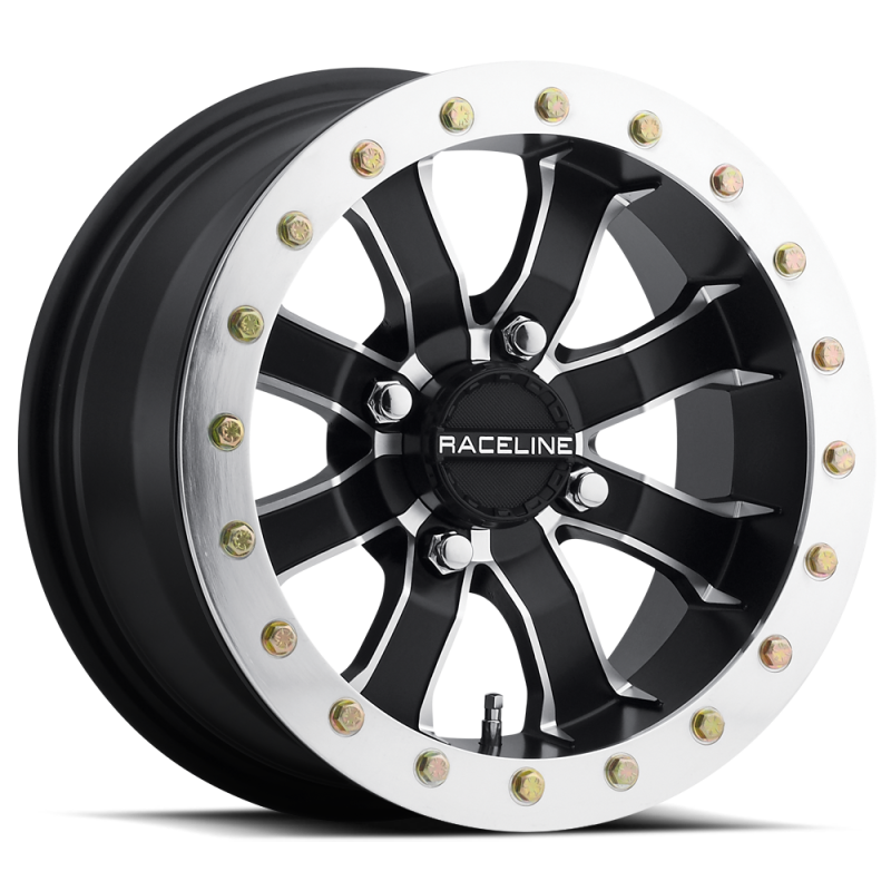 Raceline A71 Mamba 14x7in/4x156 BP/5mm Offset/132.5mm Bore - Black & Machined Ring Beadlock Wheel