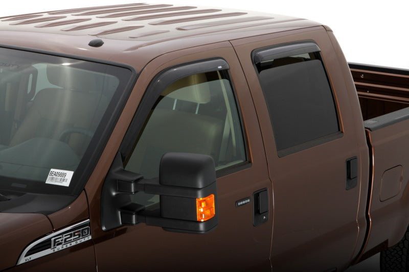 AVS smoke outside mount window deflectors installed on a 1999-2016 Ford F-250 Super Duty Supercab, 4-piece set