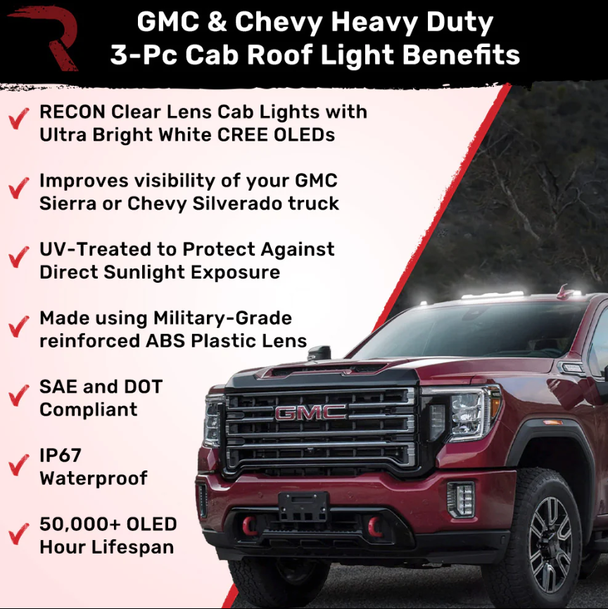 GMC & Chevy 20-24 (4th GEN Body Style) Heavy-Duty (3-Piece Set) Clear Cab Roof Light Lens with White LED’s