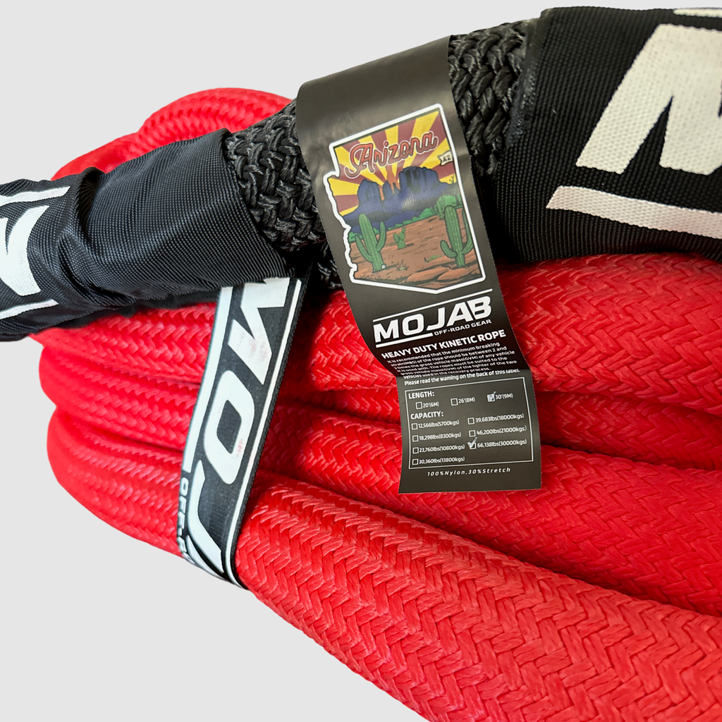 Close-up of the 1.5" x 30' Kinetic Recovery Rope showcasing the double end eye-loop with protection sleeve.