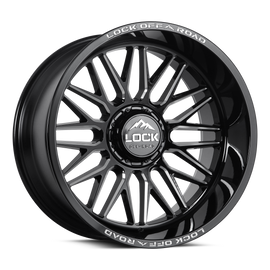 Lock Off-Road APEX wheel in Gloss Black Milled finish mounted on a lifted truck, featuring deep-lip mesh design and floating 