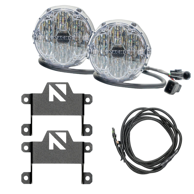 Gen 6 Bronco Plug N Play Fog Kit showcasing the complete set with Quatro SAE fog lights and mounting brackets.