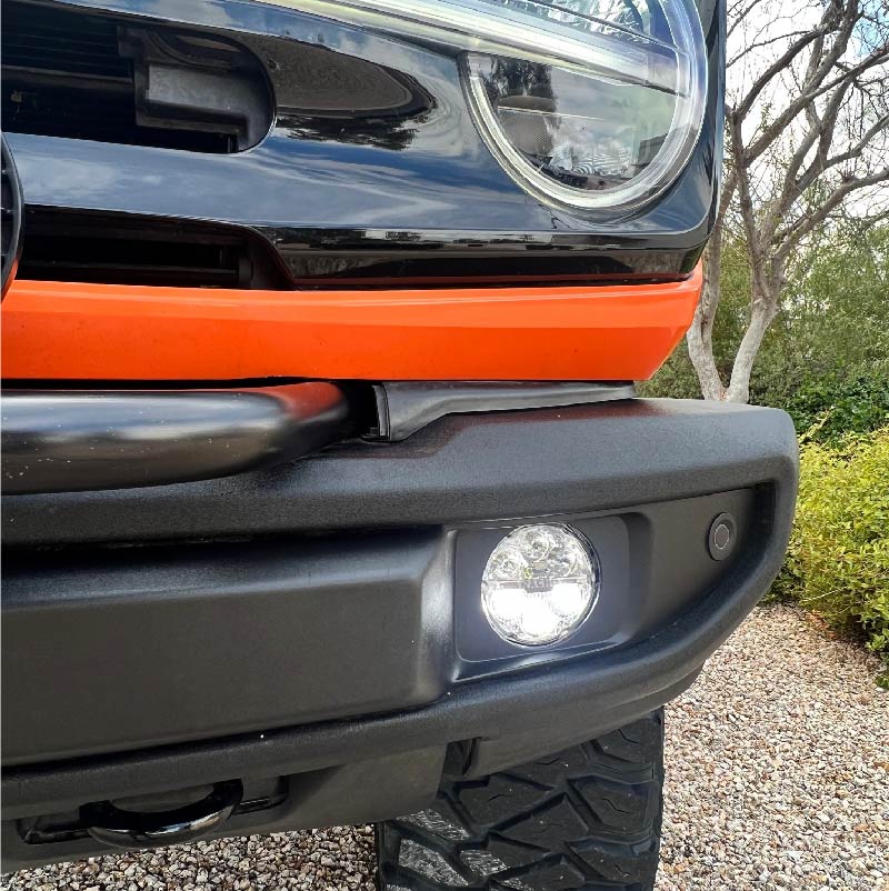 Close-up of Ford Bronco Quatro Fog Brackets for Gen 6 Plastic Bumper Models highlighting easy installation.