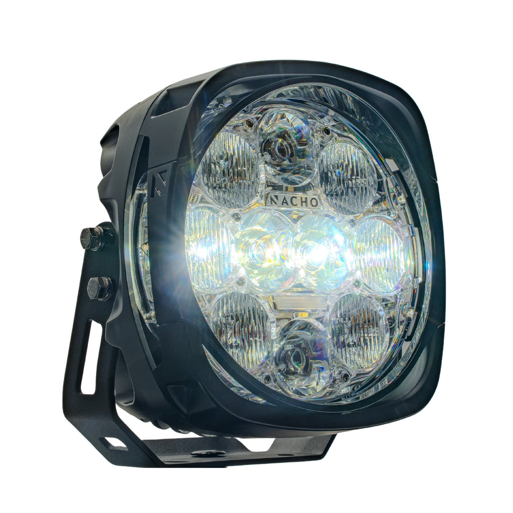 NACHO Grande Amber/White light mounted on a front bumper, perfect for tackling dusty, snowy, or rainy weather.