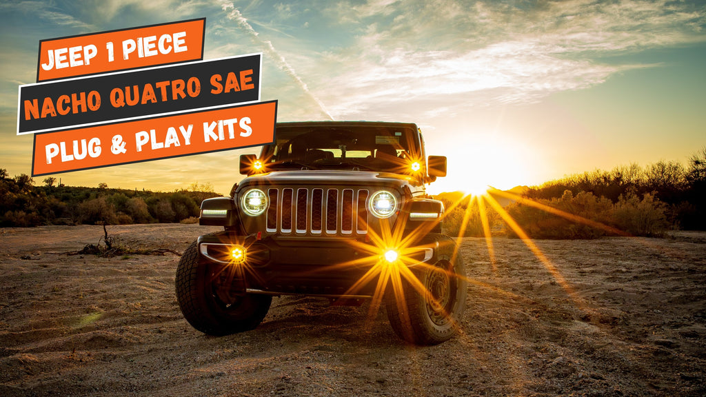 Full view of the Jeep JL/JT NACHO Plug N Play Fog Kit installed on a Jeep in a scenic location.
