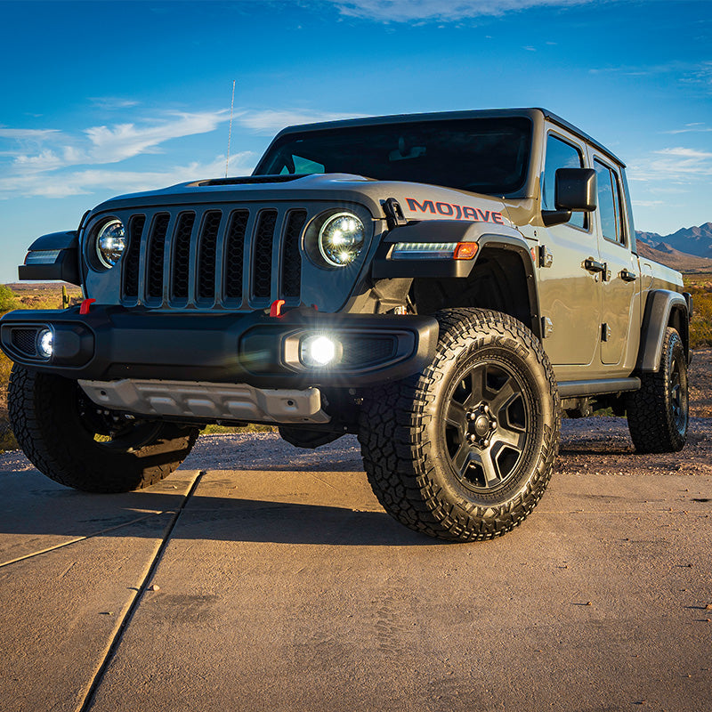 Jeep JL/JT NACHO Plug N Play Fog Kit showing the secure fit with included mounting brackets.