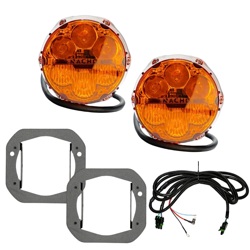 Highlighted features of the Jeep JL/JT NACHO Plug N Play Fog Kit under bright lighting.
