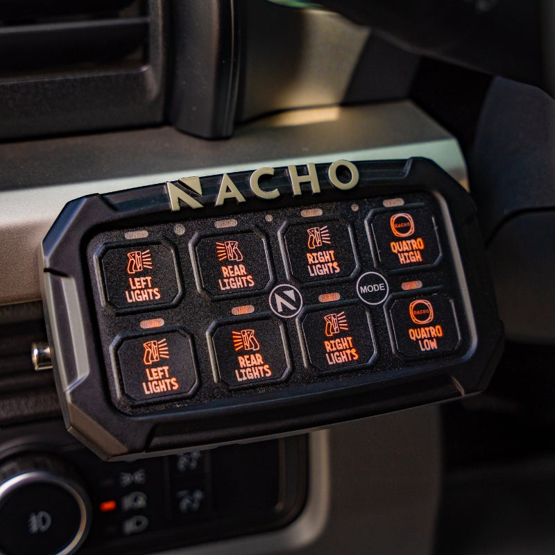 Close-up of NACHO Switch System featuring RGB backlighting on the switch buttons.