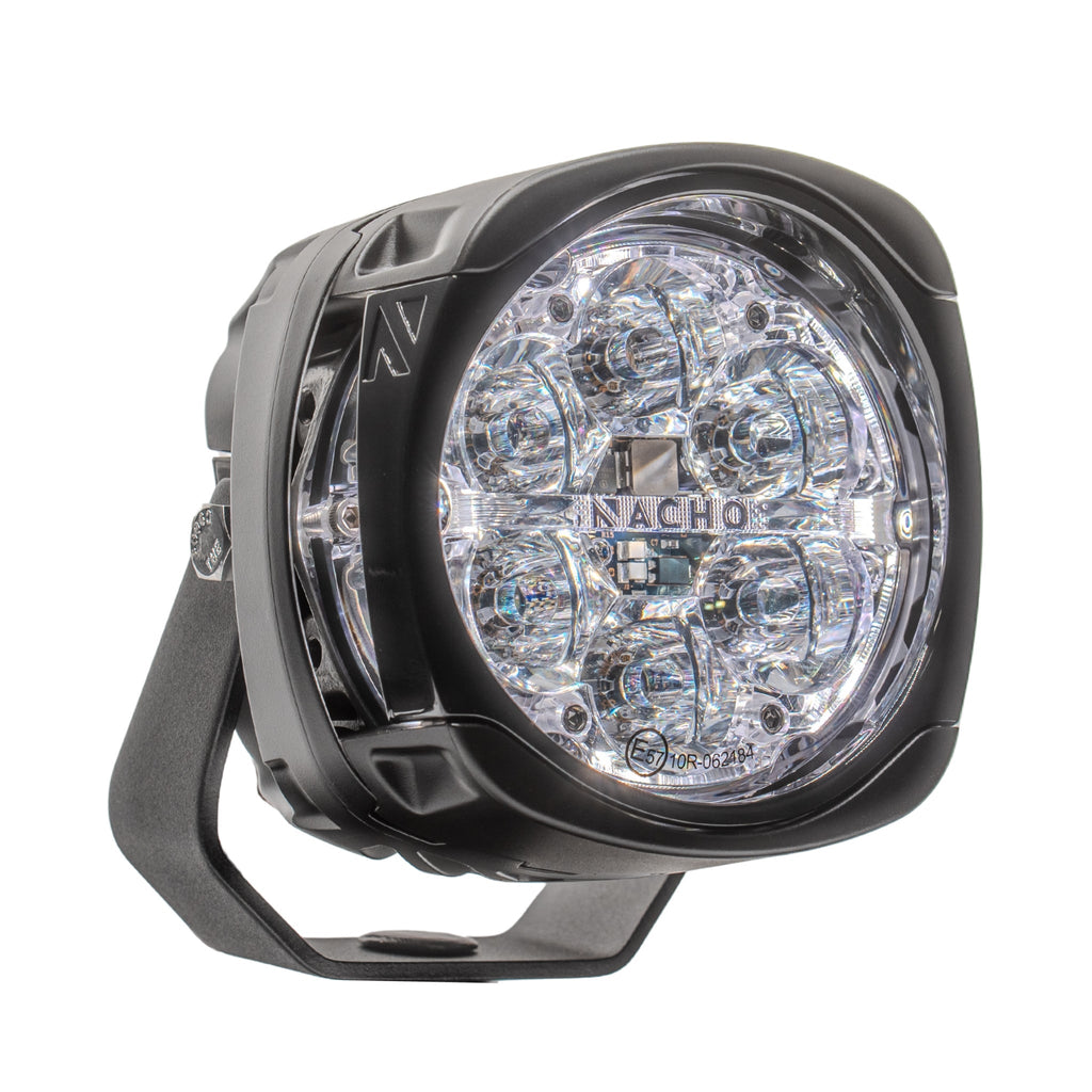 Close-up of NACHO Quatro Off-Road light illuminating with its powerful 60 watts.
