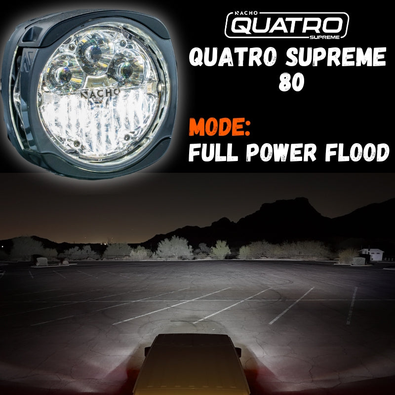 NACHO Supreme lights projecting bright beams on a dark road.