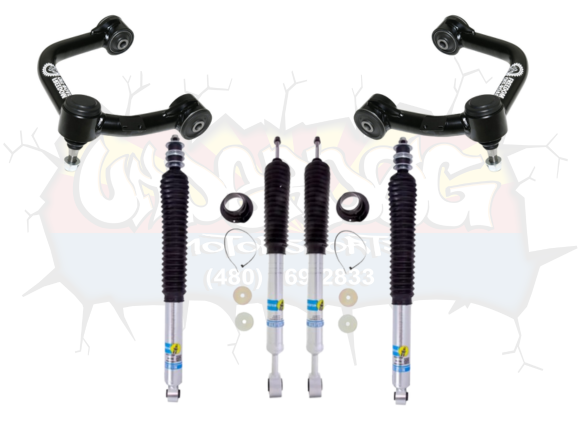 Upgrade your 2016–2023 Toyota Tacoma with Bilstein 5100 0–2" Front and 0–1" Rear Lift Shocks paired with Freedom Offroad Upper Control Arms, designed for optimal performance and stability. Perfect for enhancing your Tacoma's suspension with Bilstein 5100 front and rear shocks.