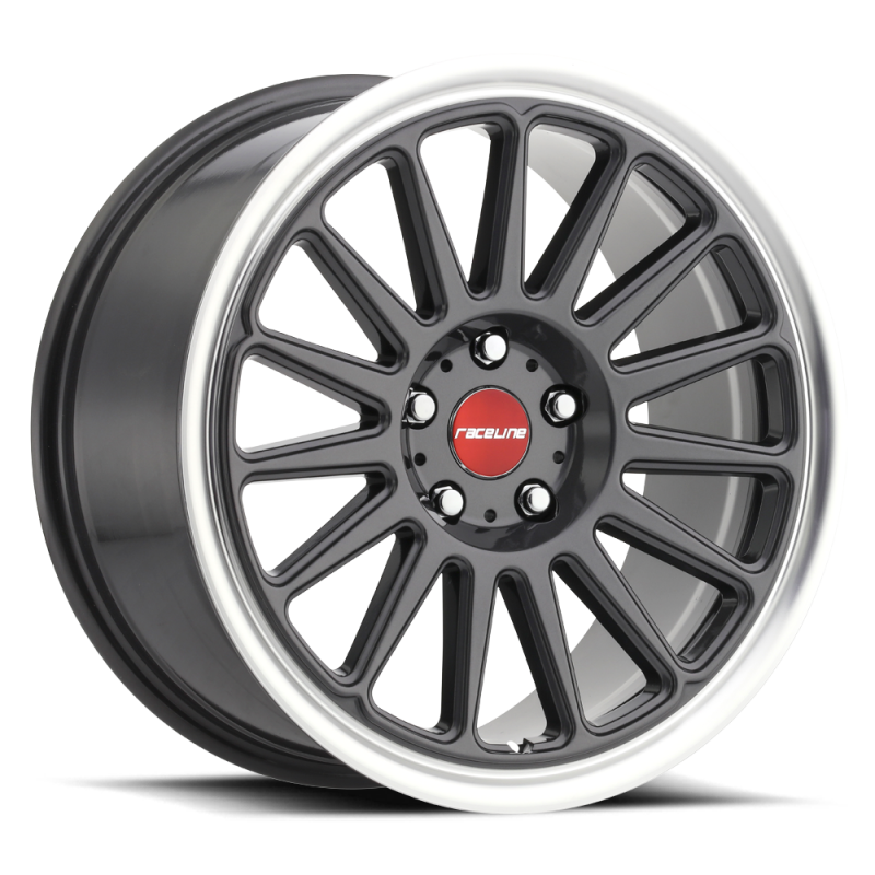 Raceline 315G Grip 17x8in / 4x100 BP / 40mm Offset / 72.6mm Bore - Gunmetal & Machined Wheel