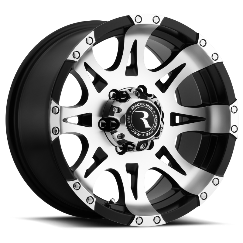 Raceline 982 Raptor 18x9in / 6x139.7 BP / 12mm Offset / 106.1mm Bore - Black & Machined Wheel