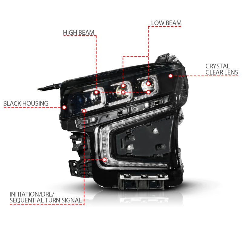 ANZO 21-23 Chevy Tahoe/Suburban LED Light Bar Style Headlights Black w/ Sequential DRL (Right Side)
