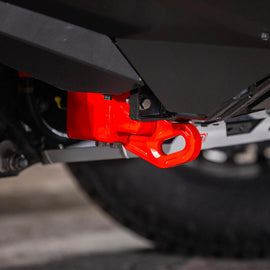 ARB red powder-coated RHS recovery point mounted on 2024-2025 Toyota Land Cruiser 250 passenger side frame rail
