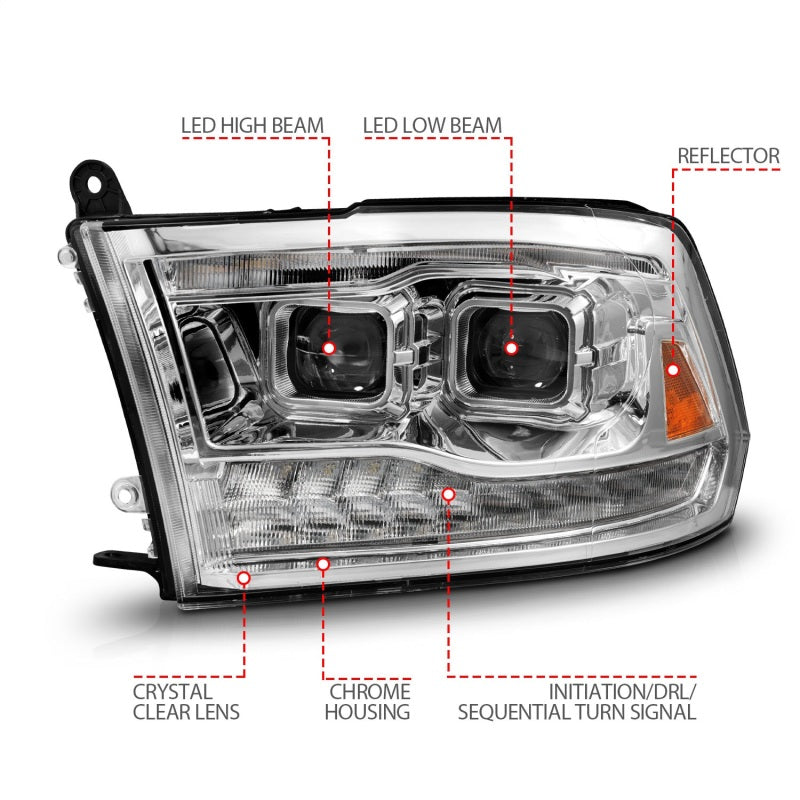 ANZO 09-18 Dodge Ram 1500/2500/3500 Full LED Proj Headlights w/Switchback Light Bar - Chrome
