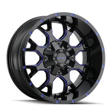 Load image into Gallery viewer, Mayhem 8015 Warrior 18x9 / 5x139.7 BP / 18mm Offset / 110mm Hub Black w/ Prism Blue Wheel