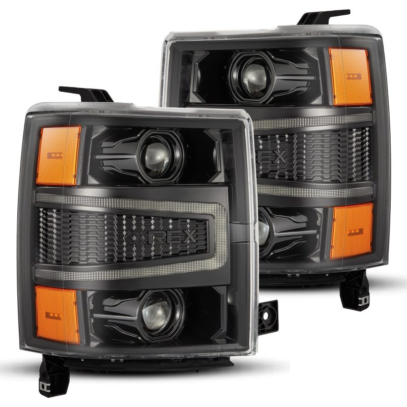 AlphaRex 14-15 Chevy 1500 PRO-Series Projector Headlights, Alpha-Black w/ Sequential Signal &  DRL