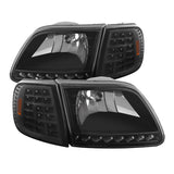 xTune Ford F150 97-03 Crystal Headlights w/ Clear LED Corners Black HD-ON-FF15097-LED-SET-BK