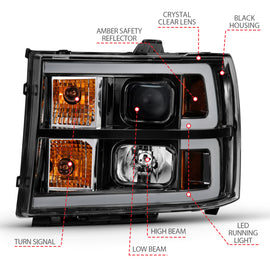 ANZO 2007-2013 GMC Sierra 1500 Projector Headlight Plank Style Black w/ Clear Lens Amber