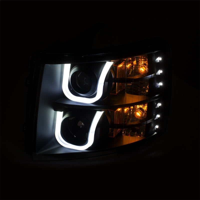 ANZO 2007-2013 Chevrolet Silverado 1500/2500 Projector Headlights w/ U-Bar Switchback Black w/ Amber