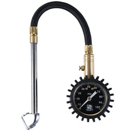 0-100 PSI Analog Air Pressure Gauge - Glow in the Dark, featuring a Dual Head Chuck and Brass Components, shown with storage pouch and rubber cover for protection.