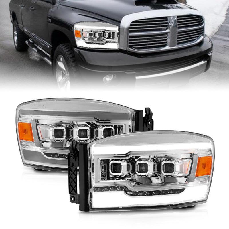 ANZO 06-08 Dodge RAM 1500/2500/3500 LED Projector Headlights w/Light Bar Seq. Signal Chrome Housing