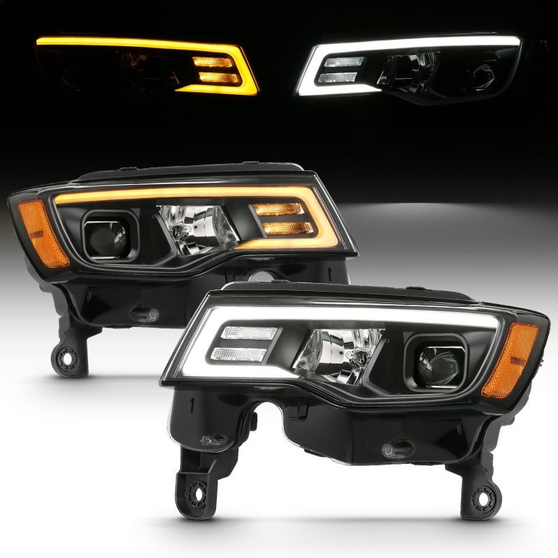 ANZO 2017-2018 Jeep Grand Cherokee Projector Headlights w/ Plank Style Switchback - Black w/ Amber